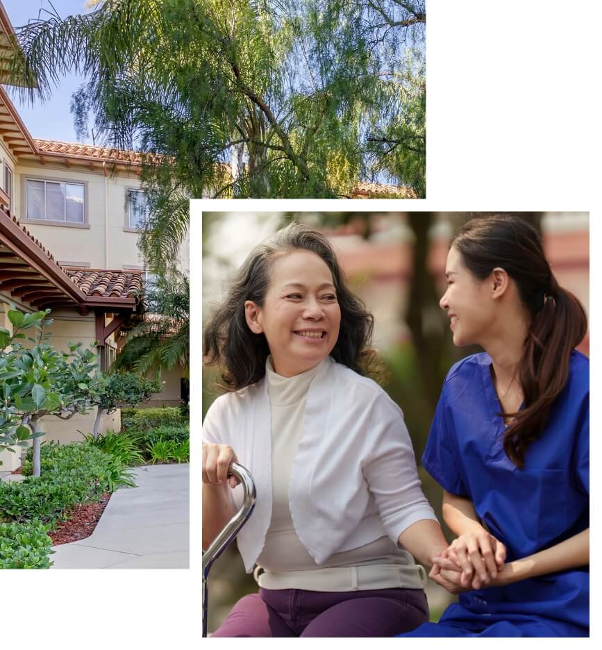 Alta Camarillo courtyard and nurse with guest